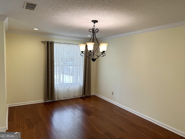 spare room featuring a textured ceiling, crown molding, a notable chandelier, and dark hardwood / wood-style flooring