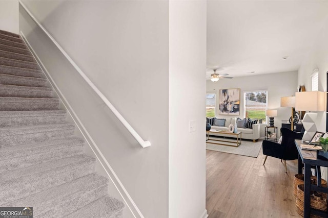 stairway featuring hardwood / wood-style flooring and ceiling fan