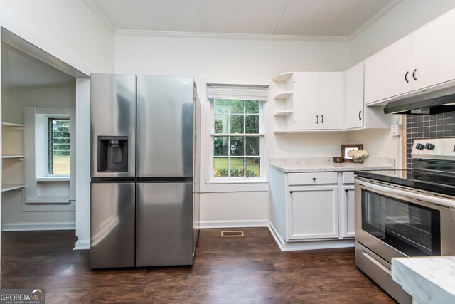 kitchen with crown molding, dark hardwood / wood-style flooring, appliances with stainless steel finishes, and white cabinets