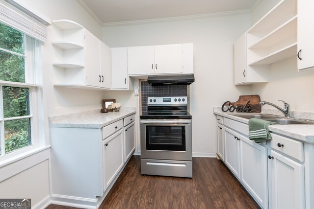 kitchen featuring dark hardwood / wood-style flooring, sink, electric stove, and white cabinetry