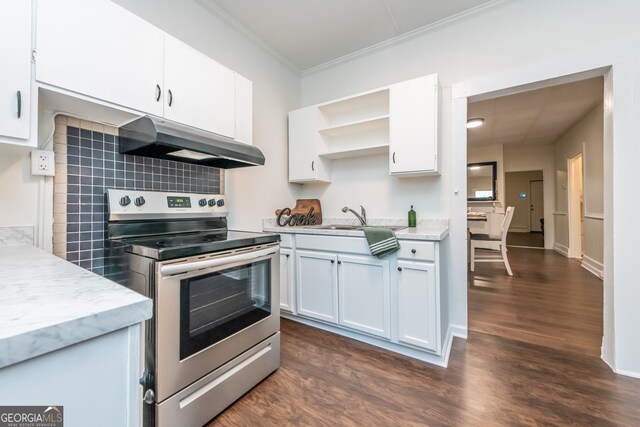 kitchen featuring dark wood-type flooring, white cabinets, electric range, and exhaust hood