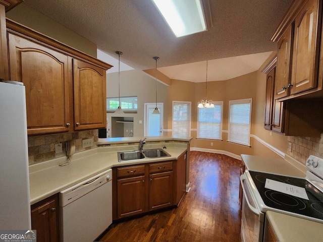 kitchen with sink, dark hardwood / wood-style floors, white appliances, pendant lighting, and decorative backsplash