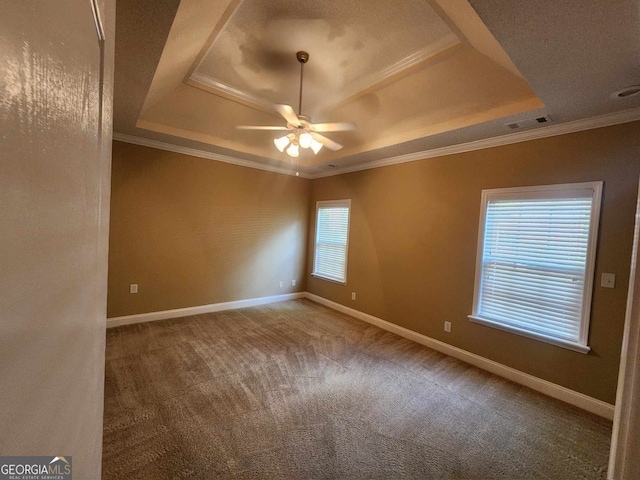 spare room featuring ceiling fan, ornamental molding, a raised ceiling, and carpet