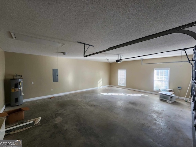 garage with water heater, a garage door opener, and electric panel