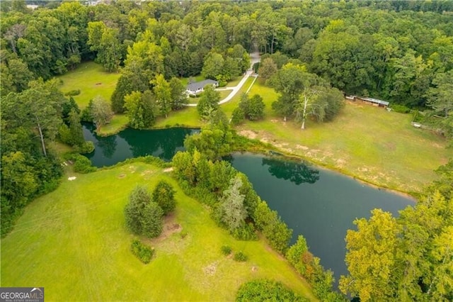 birds eye view of property with a wooded view and a water view