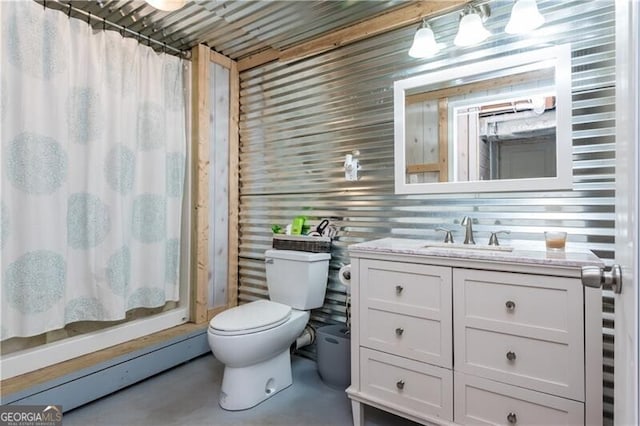 bathroom featuring vanity, concrete flooring, walk in shower, toilet, and baseboard heating