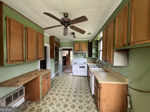 kitchen with white electric stove, ceiling fan, dishwasher, and sink