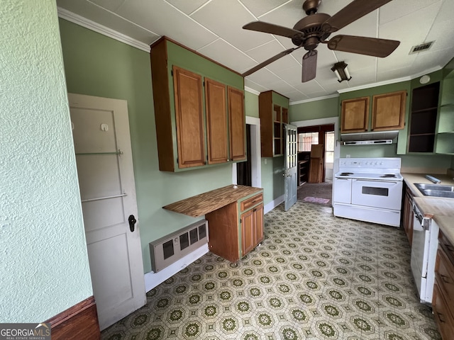 kitchen featuring ornamental molding, white appliances, sink, and ceiling fan