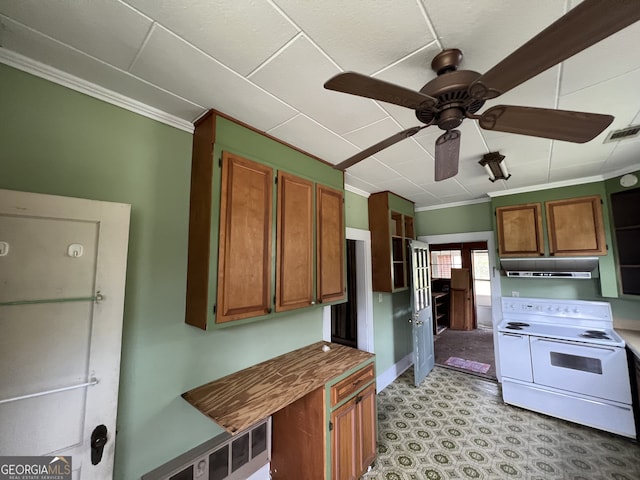 kitchen with ceiling fan, electric range, and crown molding