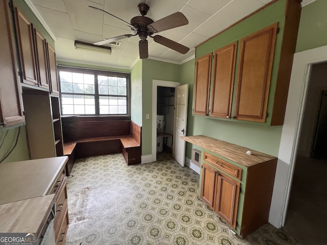 kitchen with crown molding and ceiling fan