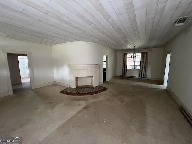 unfurnished living room with a fireplace, vaulted ceiling, concrete floors, and wooden ceiling