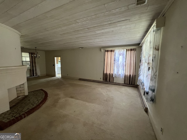 misc room with wood ceiling, light colored carpet, a notable chandelier, and a baseboard heating unit