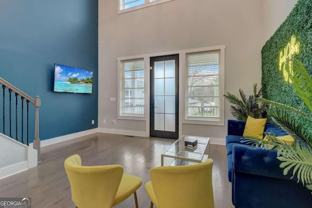 interior space featuring a wealth of natural light, a towering ceiling, and wood-type flooring