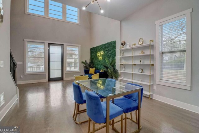 dining room featuring a high ceiling, dark hardwood / wood-style flooring, and a healthy amount of sunlight