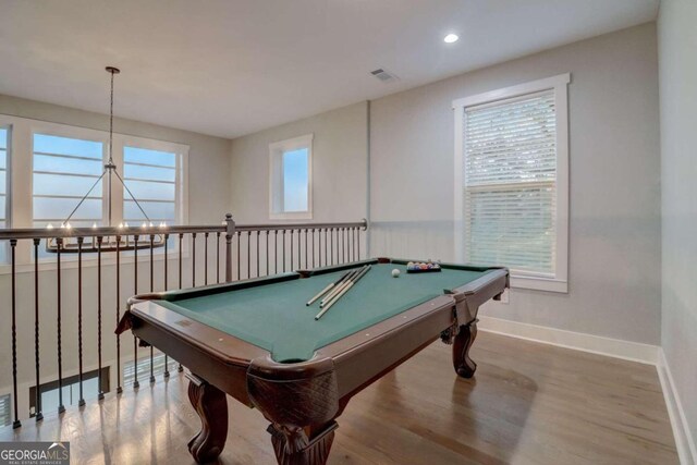 rec room featuring billiards and wood-type flooring