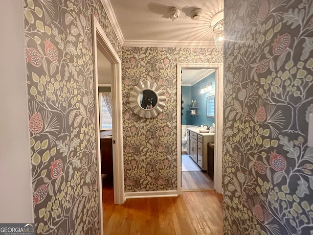 interior space featuring wood-type flooring, vanity, and ornamental molding