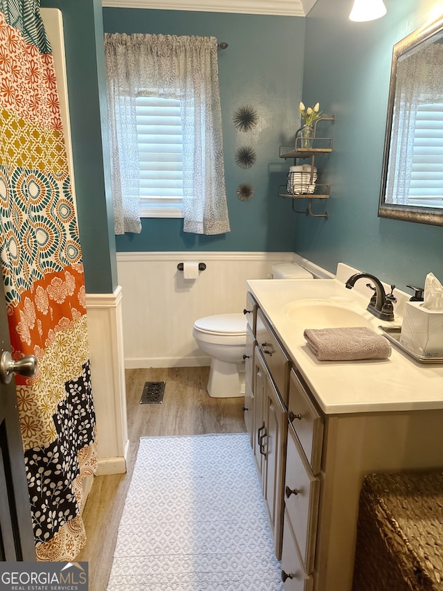 bathroom with vanity, toilet, a healthy amount of sunlight, and hardwood / wood-style floors