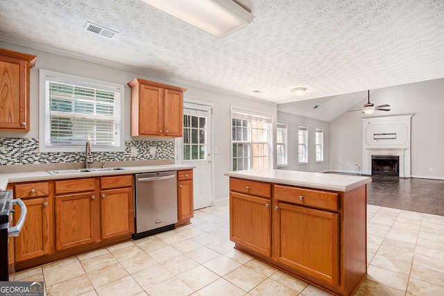 kitchen featuring plenty of natural light, stainless steel appliances, sink, and ceiling fan