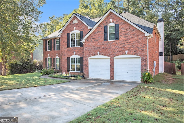 view of front facade featuring a garage and a front lawn