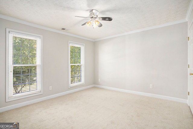 carpeted empty room featuring a textured ceiling, plenty of natural light, and ceiling fan