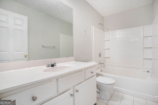 full bathroom with a textured ceiling, vanity, shower / washtub combination, tile patterned flooring, and toilet