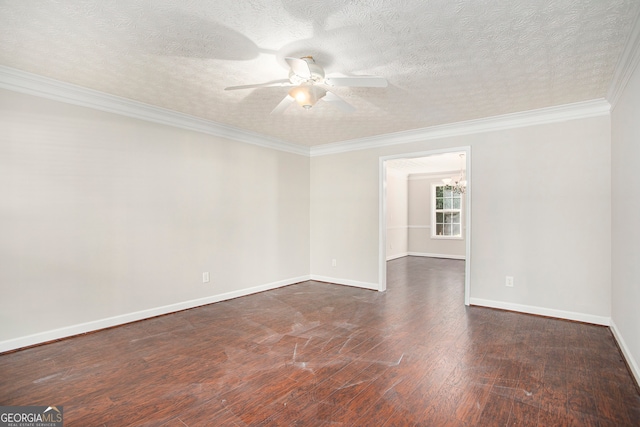 spare room with ceiling fan with notable chandelier, crown molding, dark hardwood / wood-style flooring, and a textured ceiling