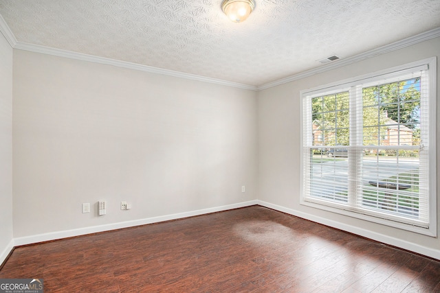 unfurnished room with crown molding, a textured ceiling, and dark hardwood / wood-style floors