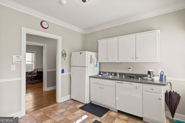 kitchen featuring crown molding, light wood-type flooring, white appliances, and white cabinets