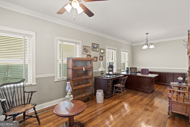 office space with ceiling fan with notable chandelier, crown molding, and wood-type flooring