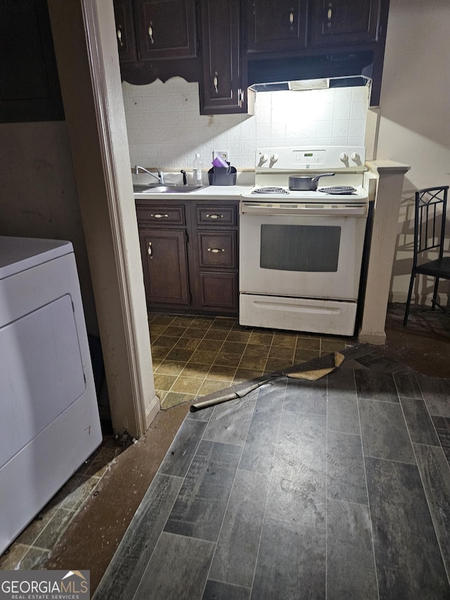 kitchen with exhaust hood, washer / clothes dryer, sink, dark brown cabinetry, and white electric stove