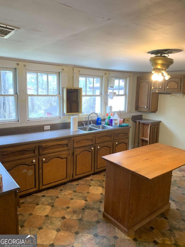 kitchen featuring a healthy amount of sunlight, ceiling fan, butcher block counters, and sink