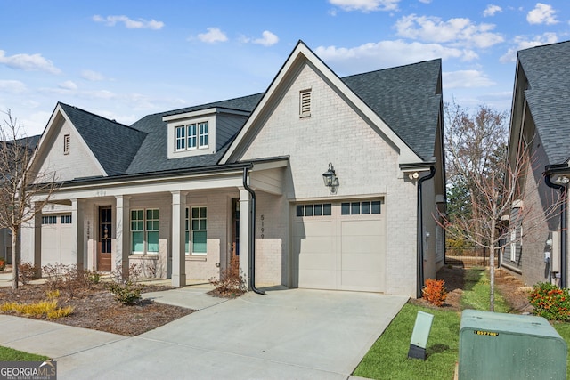 view of front of home featuring a garage, a shingled roof, concrete driveway, a porch, and brick siding