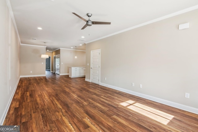 unfurnished living room with ceiling fan, baseboards, dark wood finished floors, and ornamental molding