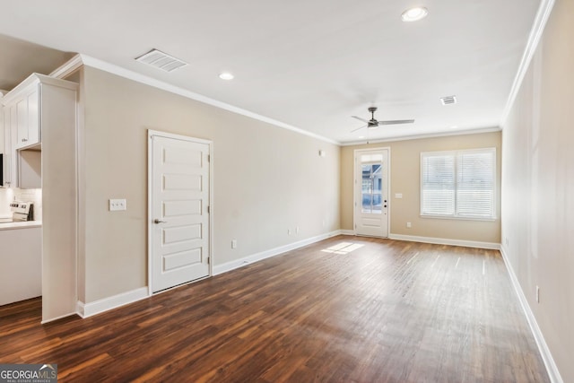 unfurnished living room with crown molding, ceiling fan, baseboards, and wood finished floors