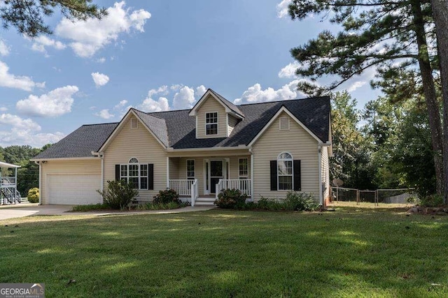 cape cod house with a front yard, concrete driveway, fence, an attached garage, and a porch