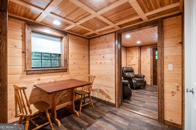 dining room with wood ceiling, coffered ceiling, wooden walls, and hardwood / wood-style flooring