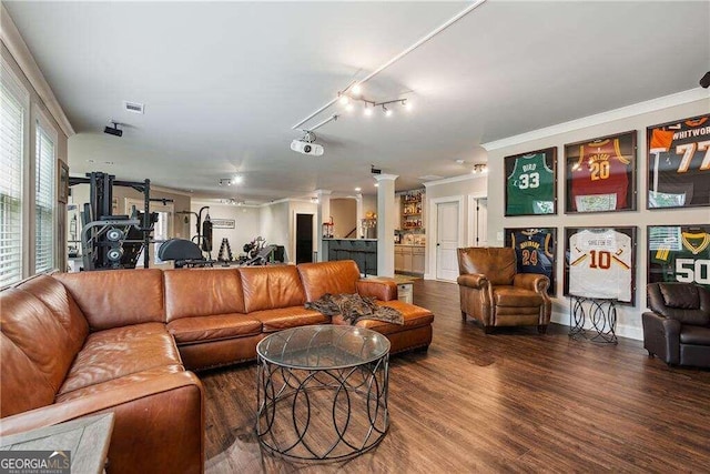 living room featuring hardwood / wood-style floors and ornamental molding