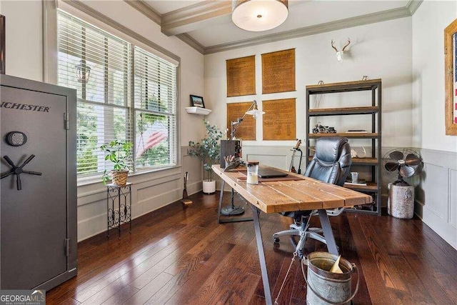 office space with beam ceiling, dark hardwood / wood-style floors, and crown molding