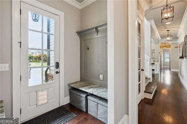 mudroom featuring dark hardwood / wood-style floors, crown molding, and a healthy amount of sunlight