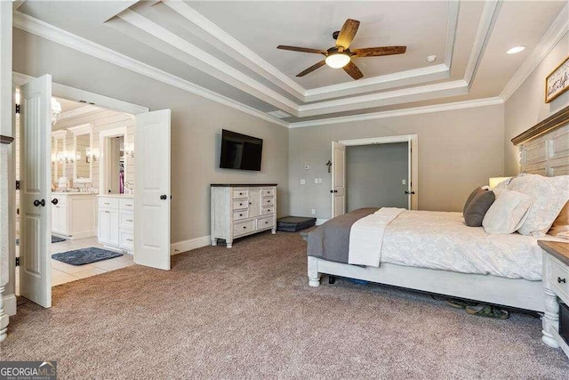 bedroom featuring light carpet, a raised ceiling, ceiling fan, and crown molding