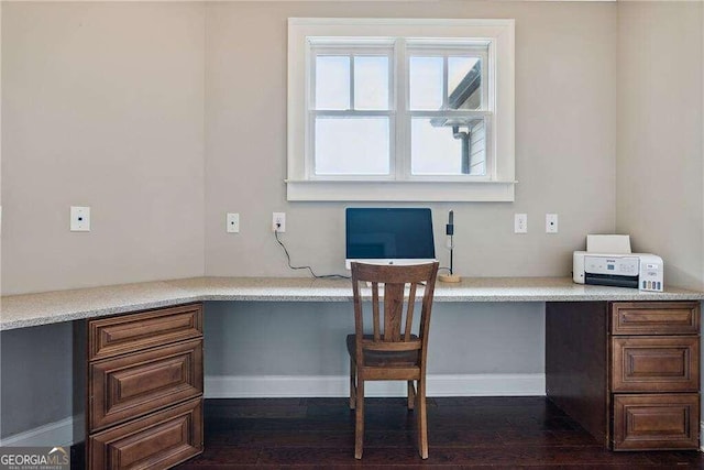 office with built in desk and dark hardwood / wood-style floors