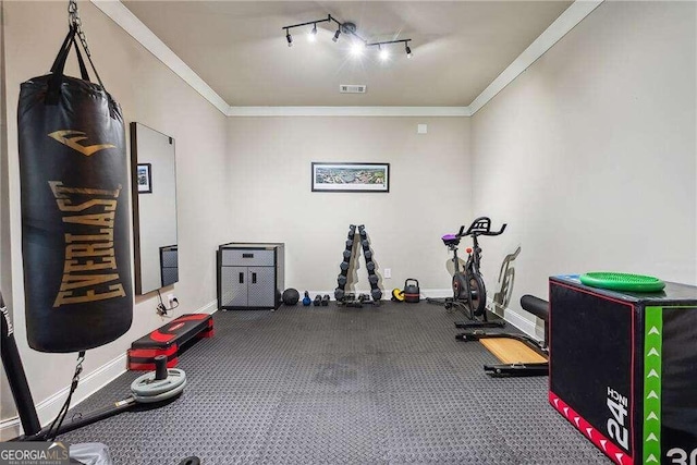 exercise area featuring ornamental molding