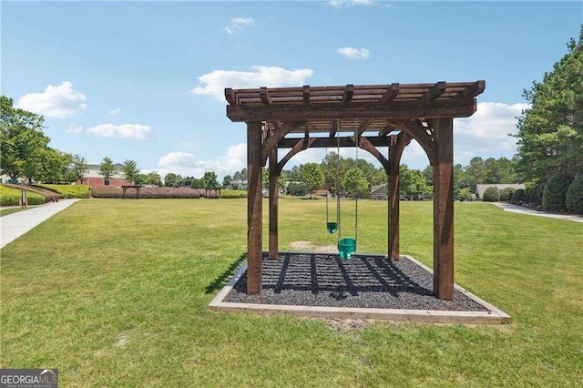 view of home's community featuring a lawn and a pergola