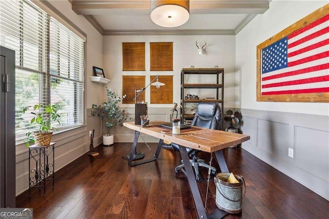 office area featuring beamed ceiling, crown molding, and dark wood-type flooring