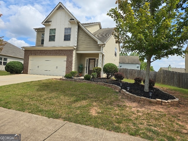 view of front of property featuring fence, board and batten siding, concrete driveway, a front yard, and a garage