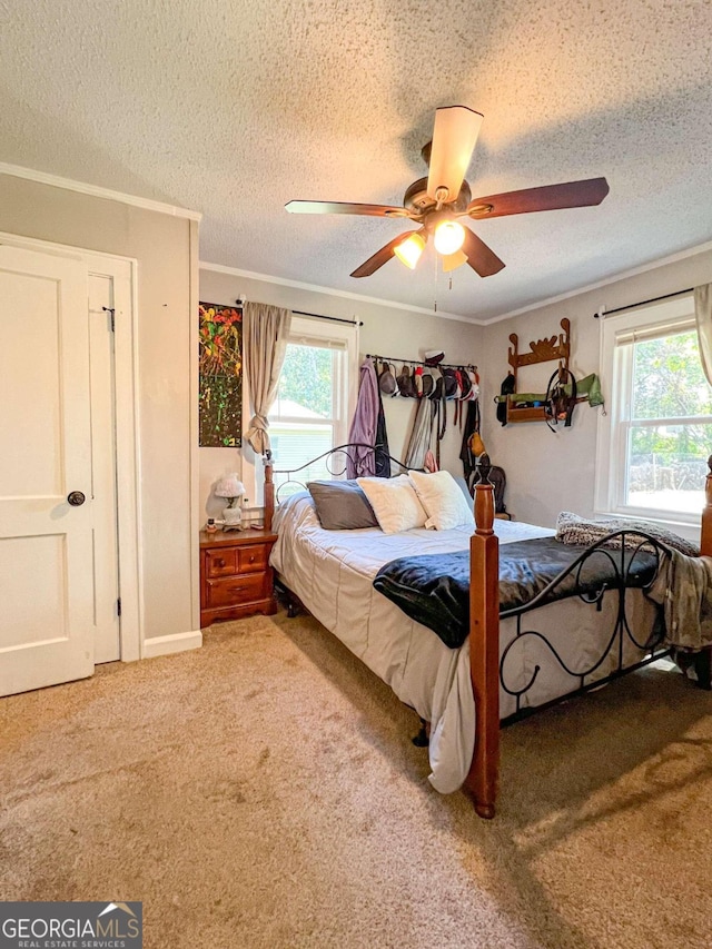 bedroom featuring ceiling fan, a textured ceiling, and multiple windows