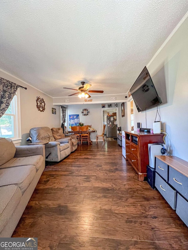 living room with ceiling fan, dark hardwood / wood-style flooring, a textured ceiling, and crown molding