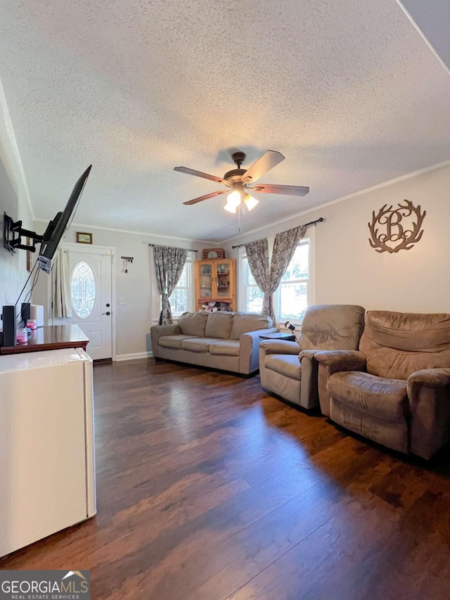 living room featuring ceiling fan, dark hardwood / wood-style flooring, a textured ceiling, and crown molding