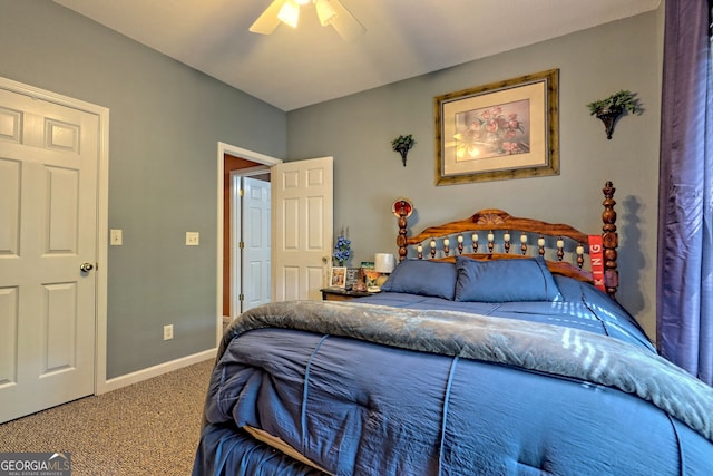 bedroom with ceiling fan and carpet floors