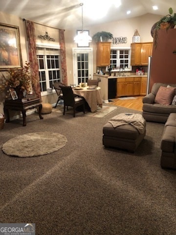 living room with lofted ceiling